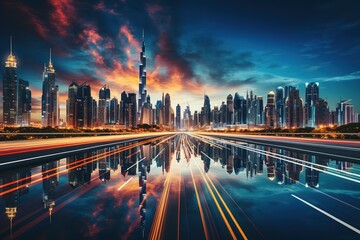 Fototapeta na wymiar Morning cityscape with sun in Sharjah. UAE.