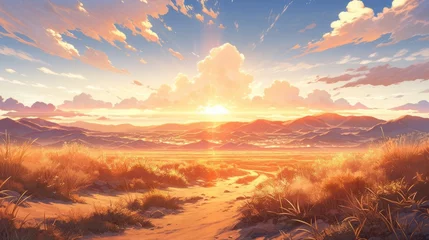 Deurstickers A serene desert landscape with towering sand dunes and a breathtaking sunset in the background manga cartoon style © Tina