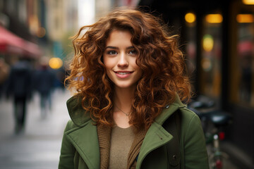 Fototapeta premium Charming young woman overjoyed in the city outdoors made by Generative AI