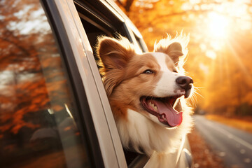 Generative AI photo of a happy dog peeks out of a car window while driving through a autumn orange trees along the road