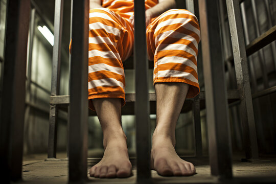 Close up image of a person sitting in jail criminal behind bars in prison generative AI