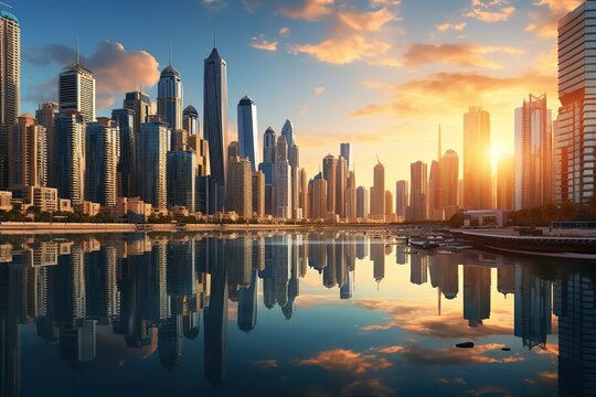 Dubai picture style, art. Cityscape: A panoramic view of Dubai's skyline, captured from a distance.