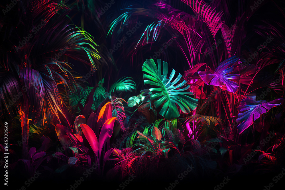 Poster generative ai collage image picture of mystical magic exotic forest with shiny neon illumination