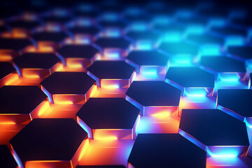 Image made with generative AI creative design glowing neon honeycomb graphic wallpaper colorful hexagon flat lines