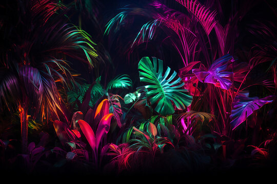 Generative ai collage image picture of mystical magic exotic forest with shiny neon illumination