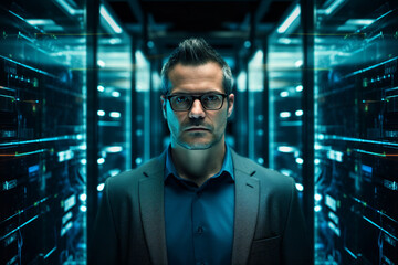 Generative ai collage image photo of professional it specialist analyzing data warehouse room