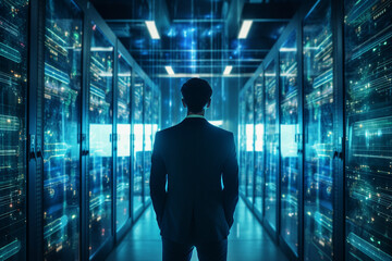 Generative ai collage image photo of professional it specialist analyzing data warehouse room