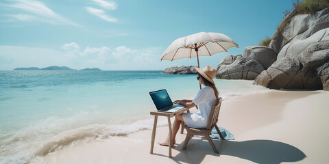 A young beautiful woman sits relaxed and works at a laptop right on a sandy tropical beach. Generative AI
