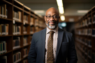Fototapeta premium Portrait of handsome happy man professional instructor scientist against a library bookshelf background generative AI