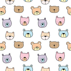 Seamless Pattern with Cartoon Bear Face Design on White Background