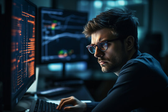 Generative ai photo collage of professional it programmer working on computer testing new software