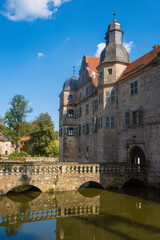 View of the moated castle in Mitwitz/Germany in Upper Franconia, located between Kronach and Coburg