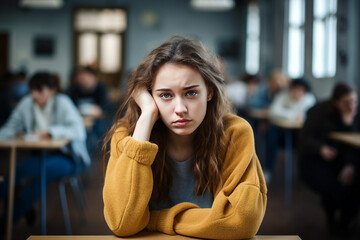 Photography generative AI concept of lovely girl high school student sitting at the table in classroom during lecture