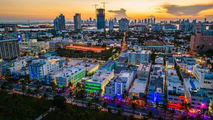 Obraz premium aerial drone above Miami South Beach Florida illuminated at night 