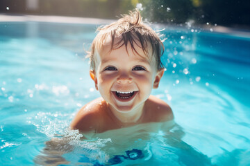 Fototapeta na wymiar Portrait of happy girl boy having fun swimming pool spending summer holidays in aqua park center generative AI