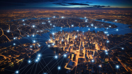 Fototapeta premium Telecommunication network above Europe viewed from space . Created with Generative AI technology.