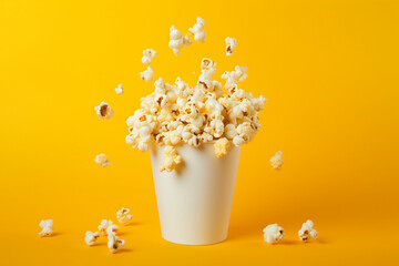 Popcorn bag bucket explosion isolated on yellow background generative ai picture