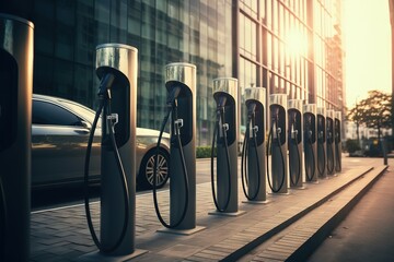 Modern electric car loading station, electric vehicle chargers for charging, EV charging point, electric car charger. Generative AI