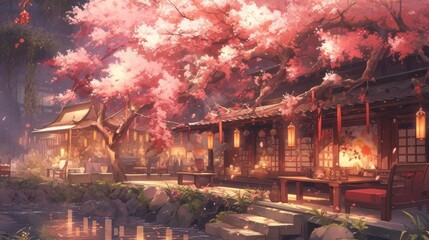 A tranquil garden filled with blooming cherry blossom trees and stone lanterns manga cartoon style