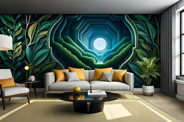 living interior with sofa and beautiful wall painting 