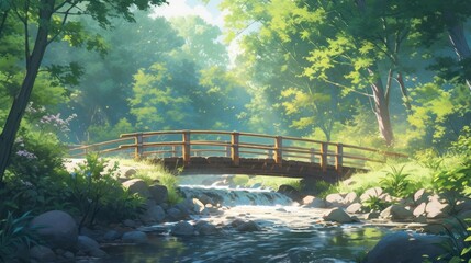 A tranquil river winding through a dense forest, with a wooden bridge crossing it manga cartoon style - obrazy, fototapety, plakaty