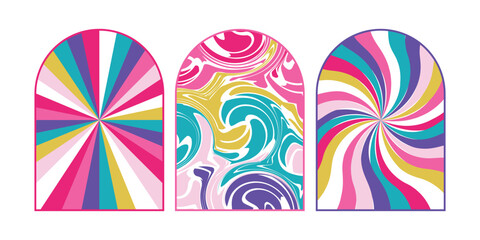 Set of Psychedelic groovy swirl frames pink blue yellow purple. Trendy 1960s 1970s style illustration vector. Trends of 2023. 