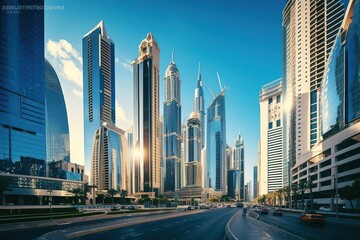 Dubai, UAE - March,18,2023: Dubai streets, houses and skyscrapers