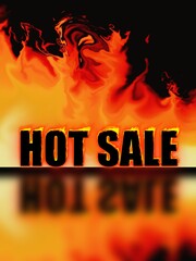 English illustration letters "HOT SALE" black letters ,Neon sign with yellow flame flame color yellow orange, orange, orange red and reflection.
On Red flame illustration backgroud, black background