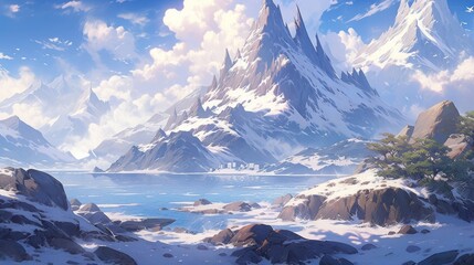 A breathtaking mountain range with jagged peaks, covered in a blanket of snow manga cartoon style