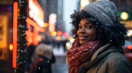 beautiful black woman in big city at christmas, snowing in city, female with afro hair, bokeh...