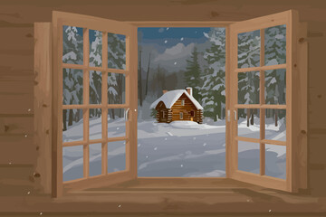 a modern log cabin window shot from inside illustration