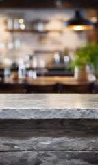 Gray textured stone bar counter and blurred restaurant on a background.