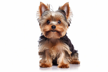 Small Yorkshire Terrier dog sitting on white background