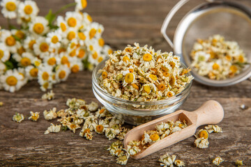 Dry chamomile flowers on a wooden table. Soothing chamomile tea. Herbal drink. flat layout. Space for text.Copy space.Medical prevention and immune concept. Folk alternative medicine.