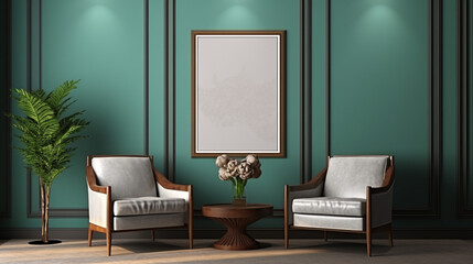 an empty poster frame with green walls and wooden chairs, modern home interior design of living room, mockup