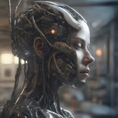 Profile portrait of a female head covered in wires, half robot, half human 