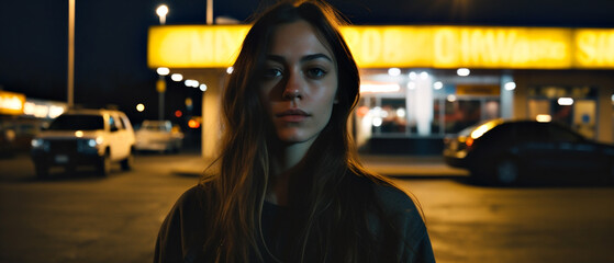 Retrato cinematográfico, Hermosa Mujer Rebelde parada frente a una gasolinera iluminada en amarillo por la noche, iluminación oscura. IA Generativa - obrazy, fototapety, plakaty