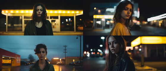 Retrato cinematográfico, Hermosa Mujer Rebelde parada frente a una gasolinera iluminada en amarillo por la noche, iluminación oscura. IA Generativa - obrazy, fototapety, plakaty