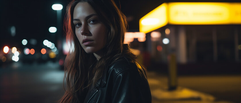 Retrato cinematogr&aacute;fico, Hermosa Mujer Rebelde parada frente a una gasolinera iluminada en amarillo por la noche, iluminaci&oacute;n oscura. IA Generativa