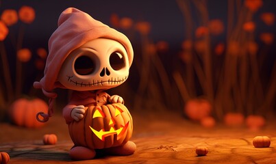 cute skull and halloween pumpkin copy space, ai generative