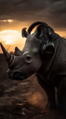 Fototapeta premium Rhinoceros Enjoying the Sunset with Headphones. Generative AI