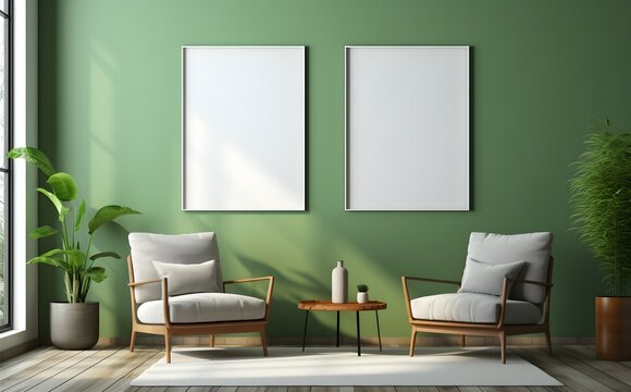 Poster frame mockup in dark green living room interior, 3d render