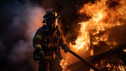 Portrait of a firefighter in equipment. Firemen using water from hose for fire fighting.