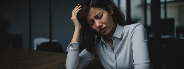 Fototapeta na wymiar Businesswoman in depression sitting in her work office holding her head with hand, suffering from overwork, stress or job loss