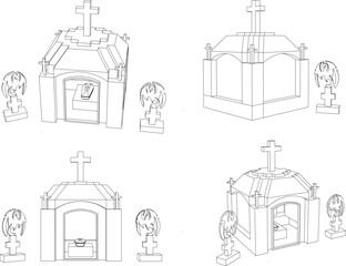 Detailed vector sketch of a scary horror public cemetery with coffins