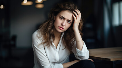 Fototapeta na wymiar Businesswoman in depression sitting in her work office holding her head with hand, suffering from overwork, stress or job loss