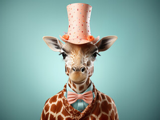 Festive clothing giraffe on colorful background. celebration, birthday, valentine day, party concept