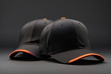 Black baseball caps mockup on a grey background