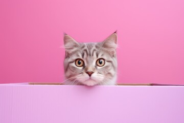 cute cat peering out of a cardboard box, pink background