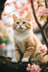 cute cat sitting on a blossom tree branch
